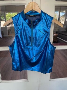 Allegra K Shiny Electric Blue Sleeveless Zip Mock Neck Tank